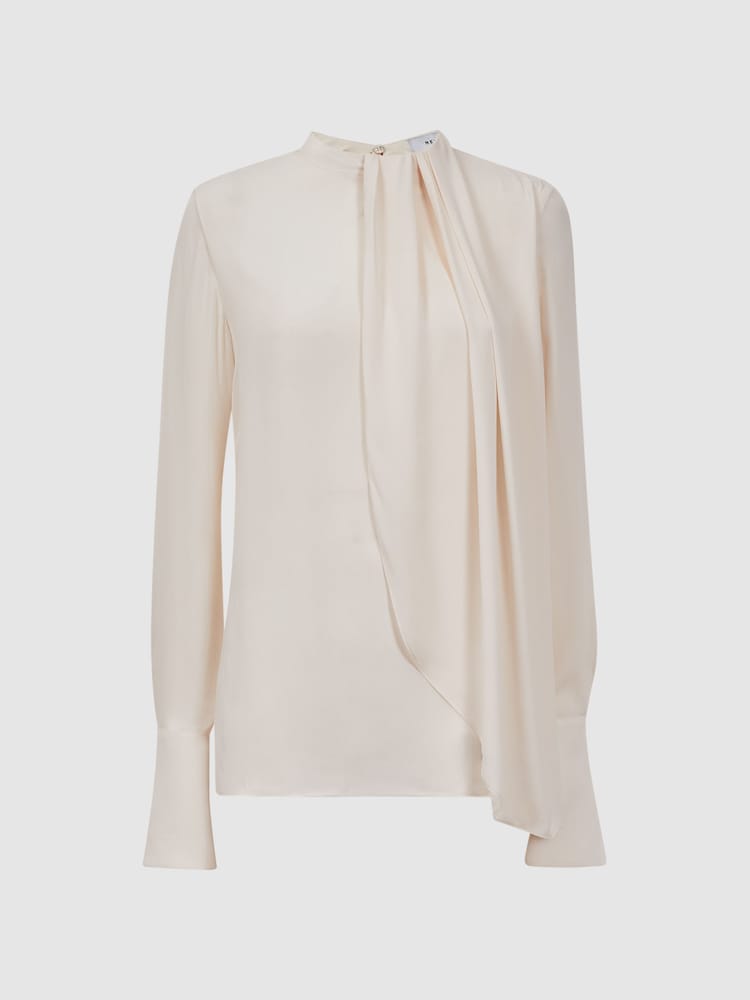 Reiss Cream Paloma Pleat Front Long Sleeve Blouse - Image 2 of 4