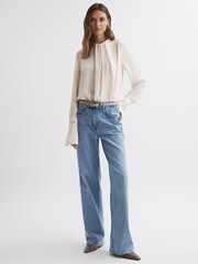 Reiss Cream Paloma Pleat Front Long Sleeve Blouse - Image 3 of 4
