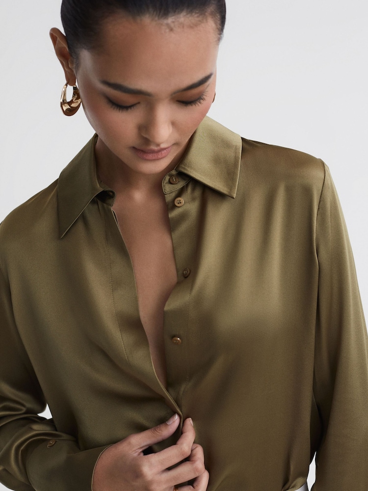 Reiss Khaki Hailey Silk Shirt - Image 1 of 5