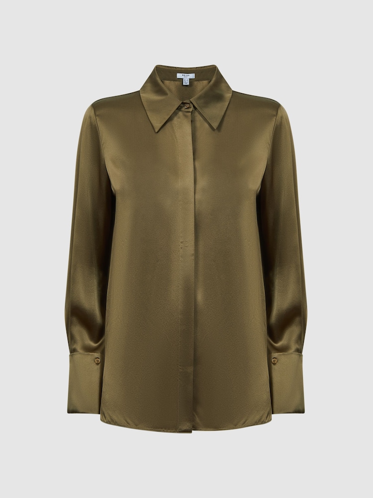 Reiss Khaki Hailey Silk Shirt - Image 2 of 5