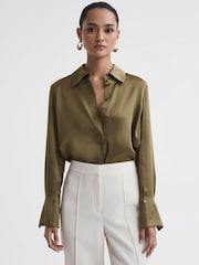 Reiss Khaki Hailey Silk Shirt - Image 4 of 5