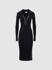 Reiss Navy/Camel Michelle Bodycon Knitted Colourblock Midi Dress - Image 2 of 4