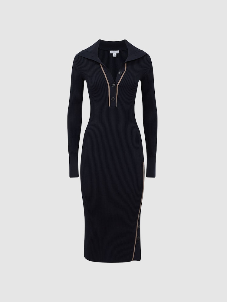 Reiss Navy/Camel Michelle Bodycon Knitted Colourblock Midi Dress - Image 2 of 4