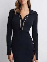 Reiss Navy/Camel Michelle Bodycon Knitted Colourblock Midi Dress - Image 3 of 4