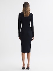 Reiss Navy/Camel Michelle Bodycon Knitted Colourblock Midi Dress - Image 4 of 4