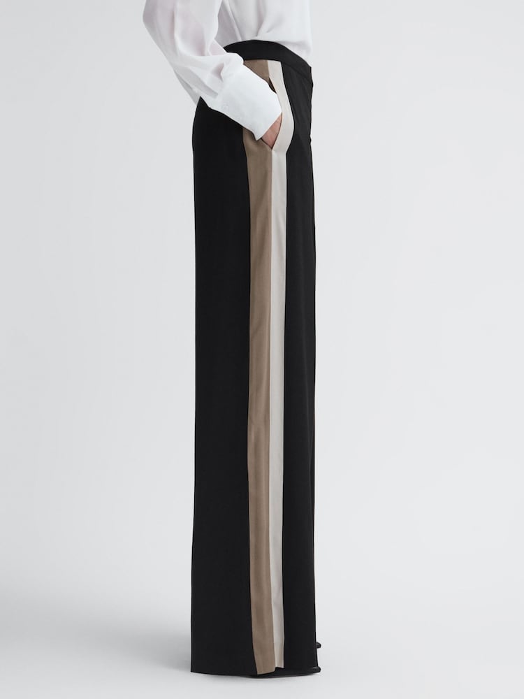 Reiss Black Poppie Wide Leg Side Stripe Trousers - Image 1 of 5