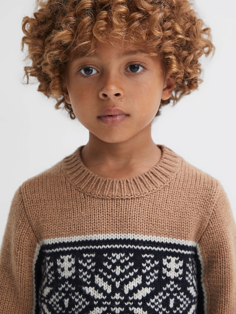 Reiss Navy/Camel Nash 9-14 yrs Knitted Colourblock Crew Neck Jumper - Image 1 of 7
