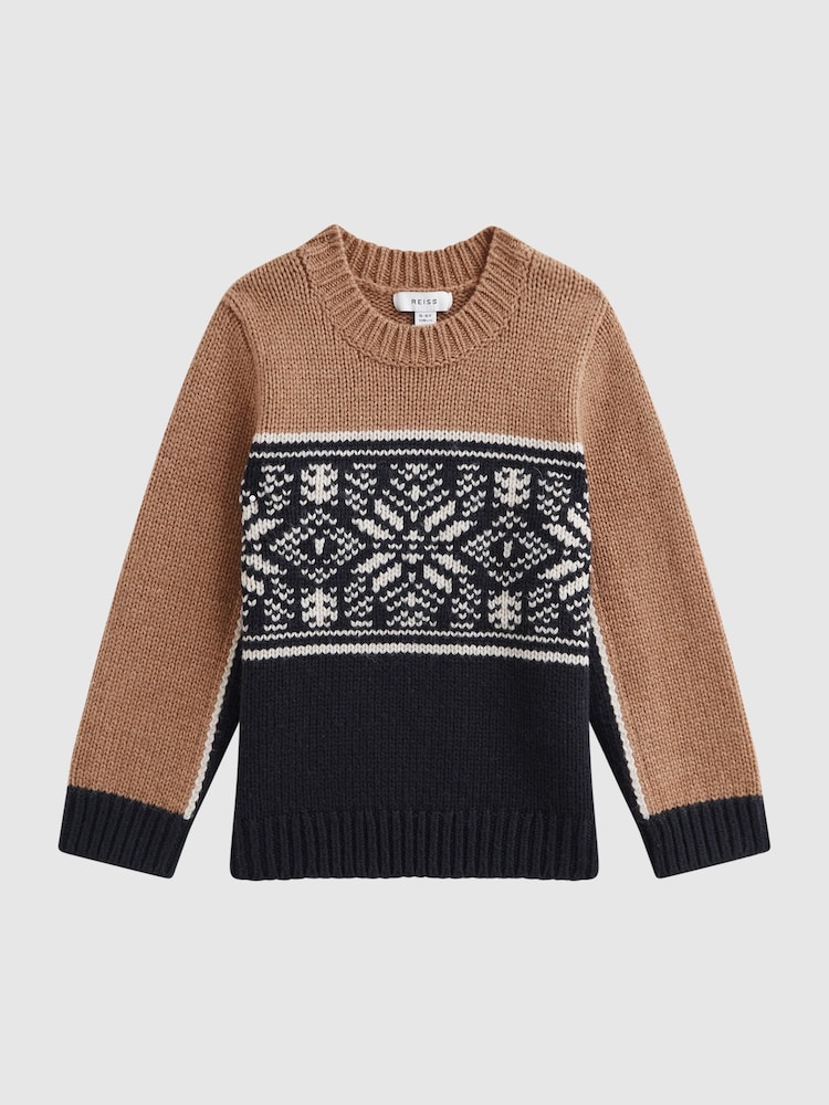 Reiss Navy/Camel Nash 9-14 yrs Knitted Colourblock Crew Neck Jumper - Image 2 of 7