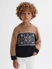 Reiss Navy/Camel Nash 9-14 yrs Knitted Colourblock Crew Neck Jumper - Image 4 of 7