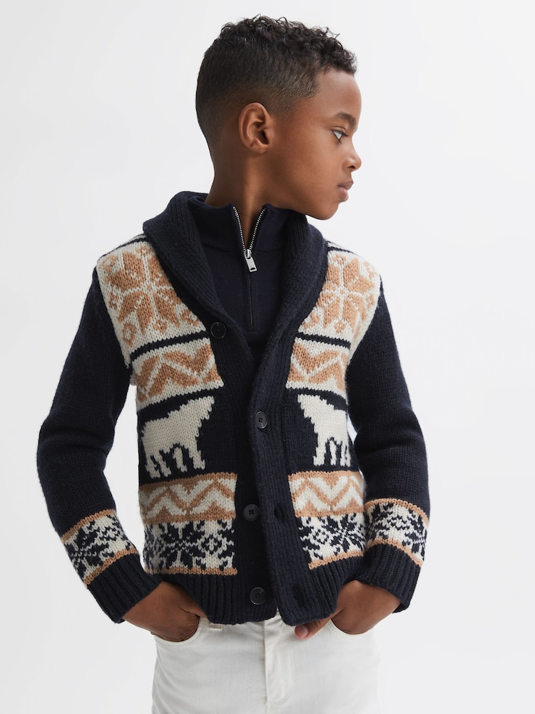 Reiss Navy Multi Birch 3-9 yrs Knitted Fair Isle Pattern Button Through Cardigan - Image 1 of 5