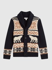Reiss Navy Multi Birch 3-9 yrs Knitted Fair Isle Pattern Button Through Cardigan - Image 2 of 5