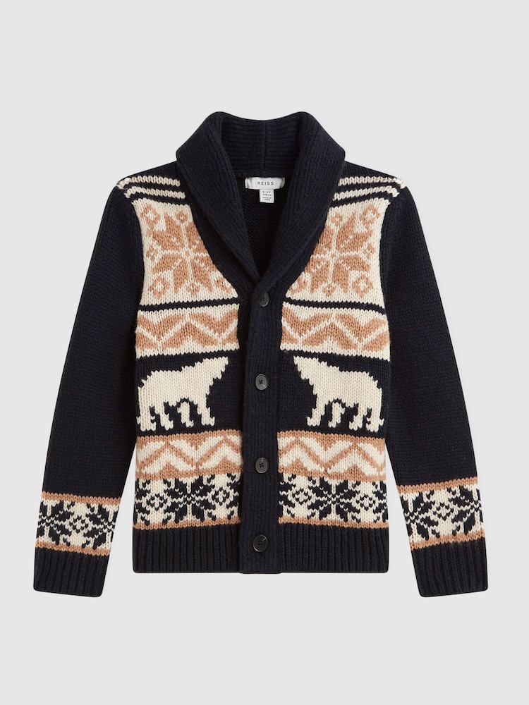 Reiss Navy Multi Birch 3-9 yrs Knitted Fair Isle Pattern Button Through Cardigan - Image 2 of 5