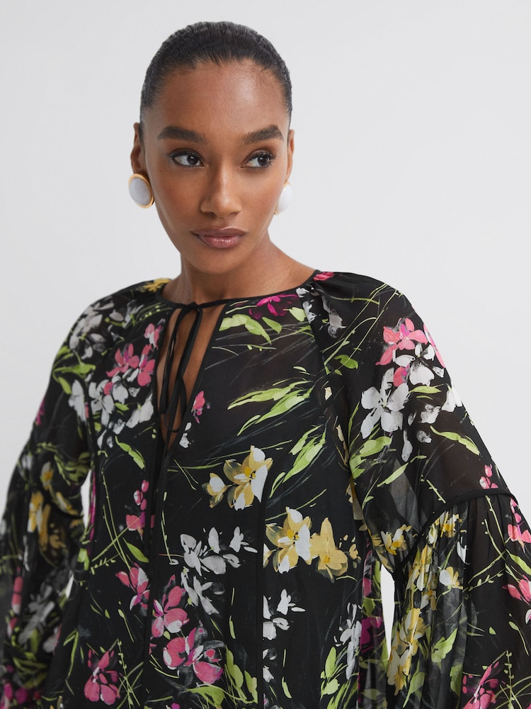 Florere Sheer Floral Tie Neck Blouse - Image 1 of 5