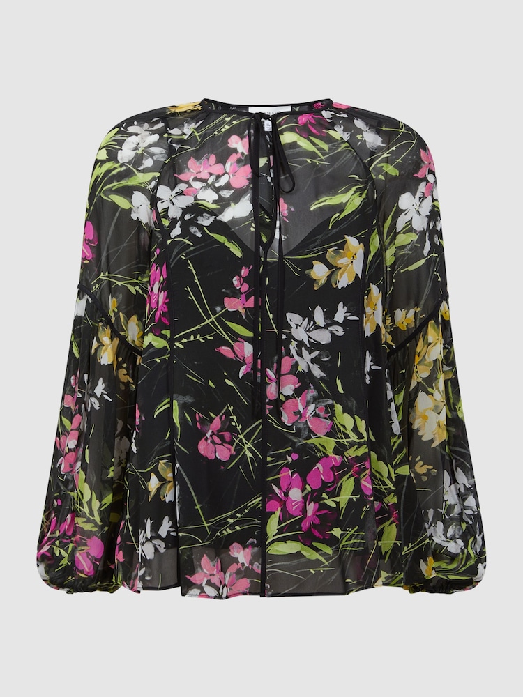 Florere Sheer Floral Tie Neck Blouse - Image 2 of 5 Florere Sheer Floral Tie Neck Blouse - Image 2 of 5