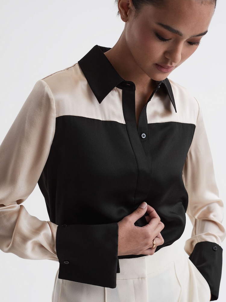 Reiss Black/Champagne Lorey Silk Colourblock Shirt - Image 1 of 10 Reiss Black/Champagne Lorey Silk Colourblock Shirt - Image 1 of 10