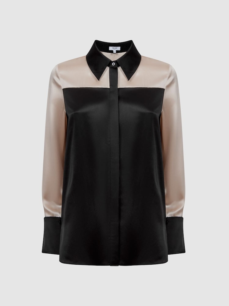 Reiss Black/Champagne Lorey Silk Colourblock Shirt - Image 10 of 10