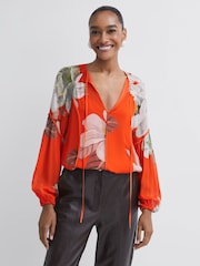 Florere Sheer Floral Tie Neck Blouse - Image 1 of 5