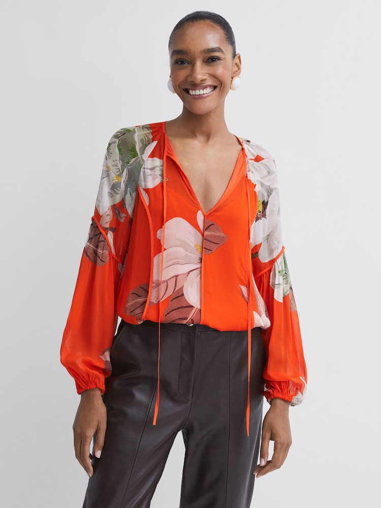 Florere Sheer Floral Tie Neck Blouse - Image 1 of 5