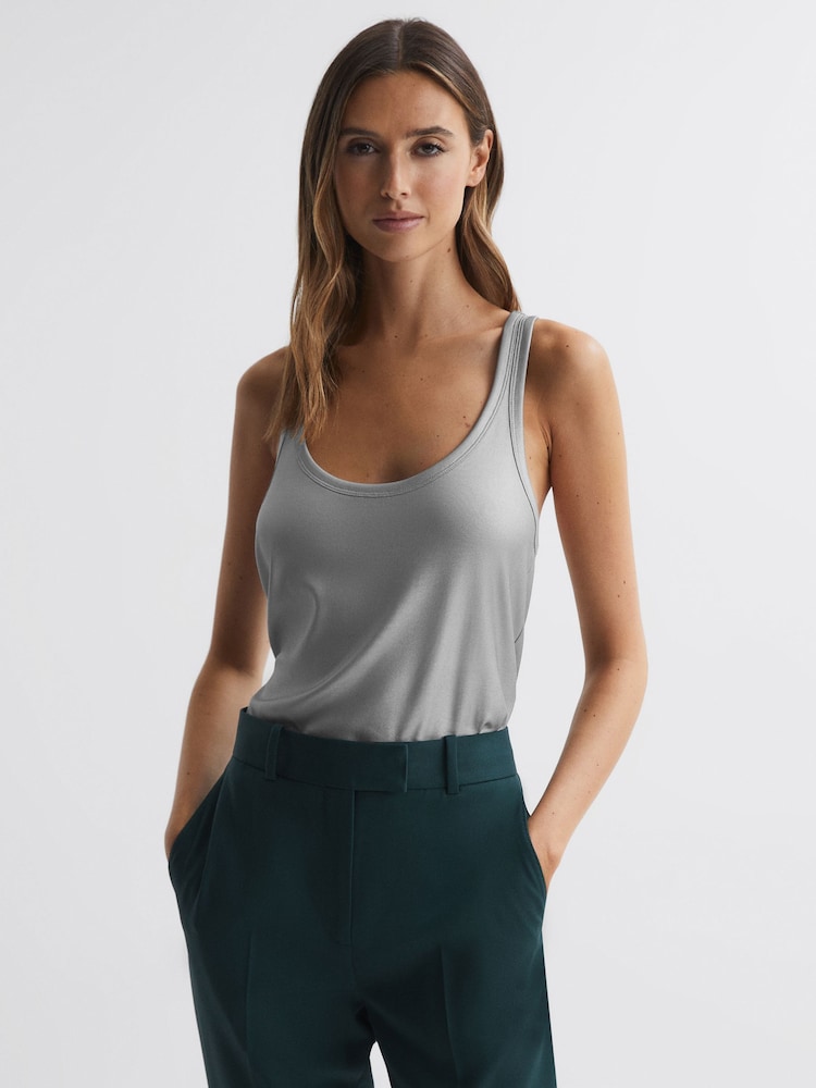 Reiss Silver Lilly Metallic Scoop Neck Racerback Vest - Image 1 of 5 Reiss Silver Lilly Metallic Scoop Neck Racerback Vest - Image 1 of 5