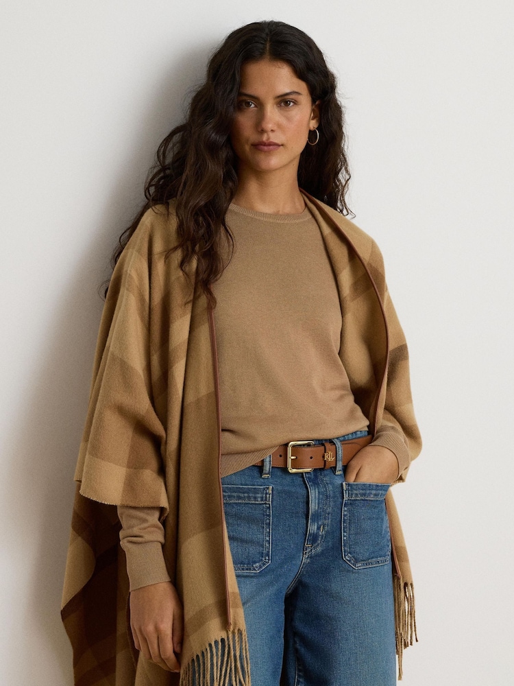 Lauren Ralph Lauren Natural Checked Leather Trim Fringed Poncho - Image 1 of 5