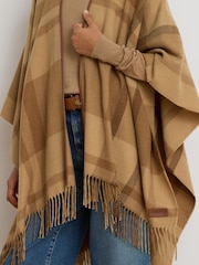 Lauren Ralph Lauren Natural Checked Leather Trim Fringed Poncho - Image 4 of 5