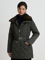 Lauren Ralph Lauren Green Diamond Quilted Belted Short Coat with Faux Fur Neckline - Image 1 of 6