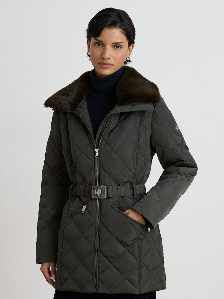 Lauren Ralph Lauren Green Diamond Quilted Belted Short Coat with Faux Fur Neckline - Image 1 of 6