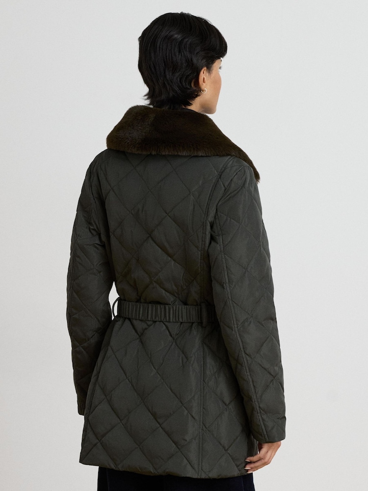 Lauren Ralph Lauren Green Diamond Quilted Belted Short Coat with Faux Fur Neckline - Image 2 of 6