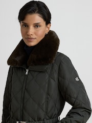 Lauren Ralph Lauren Green Diamond Quilted Belted Short Coat with Faux Fur Neckline - Image 3 of 6