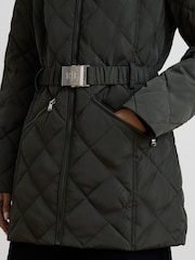 Lauren Ralph Lauren Green Diamond Quilted Belted Short Coat with Faux Fur Neckline - Image 4 of 6