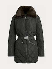 Lauren Ralph Lauren Green Diamond Quilted Belted Short Coat with Faux Fur Neckline - Image 6 of 6