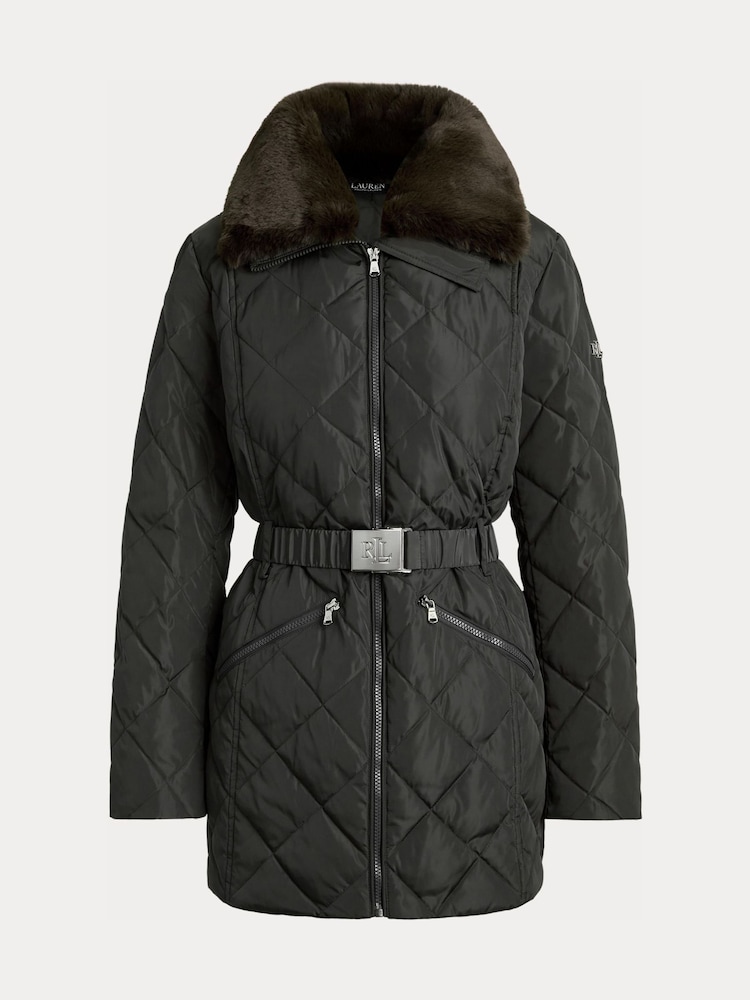 Lauren Ralph Lauren Green Diamond Quilted Belted Short Coat with Faux Fur Neckline - Image 6 of 6