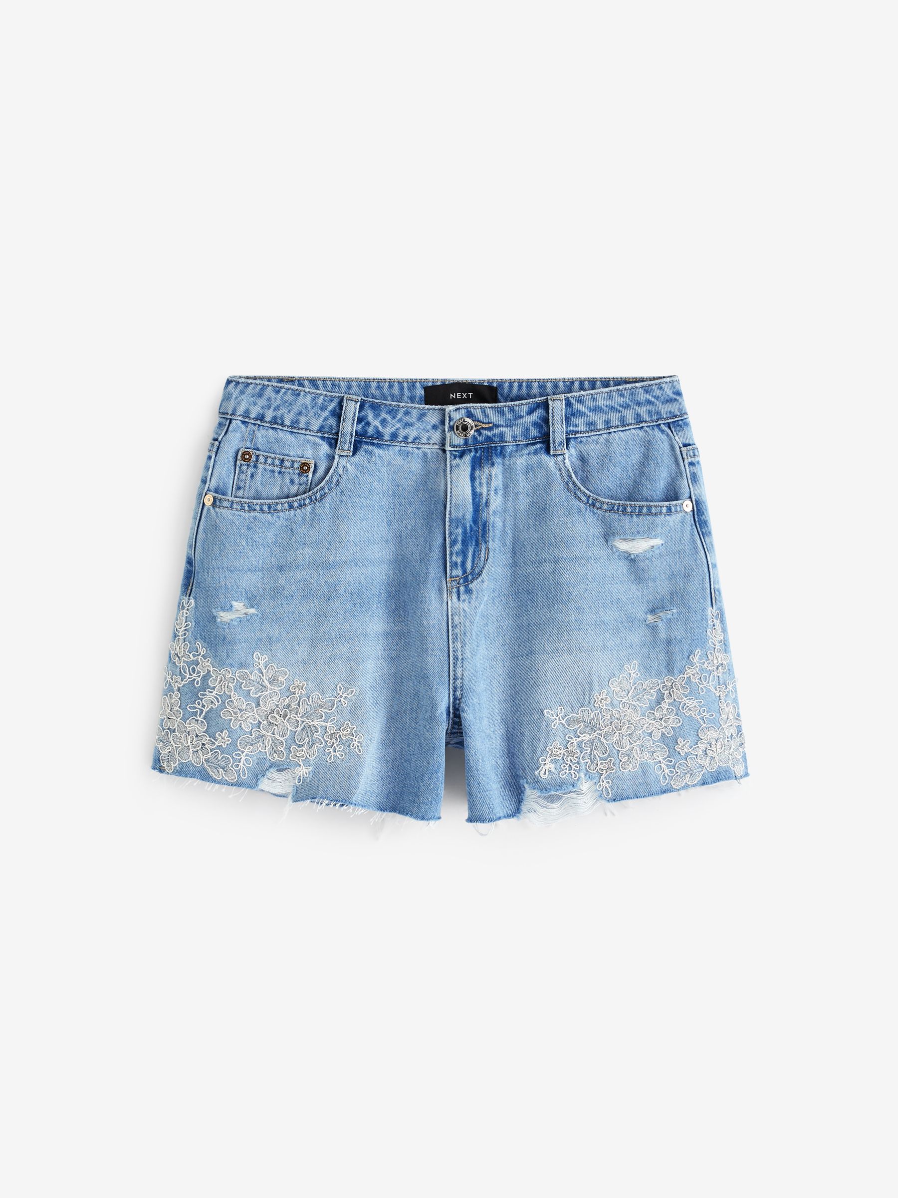 Mid Blue 100% Cotton Lace Denim Shorts | Laura Ashley