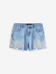 Mid Blue 100% Cotton Lace Denim Shorts - Image 5 of 6