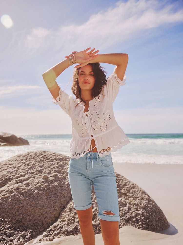 Bleach Blue Denim Knee Length Shorts - Image 1 of 9