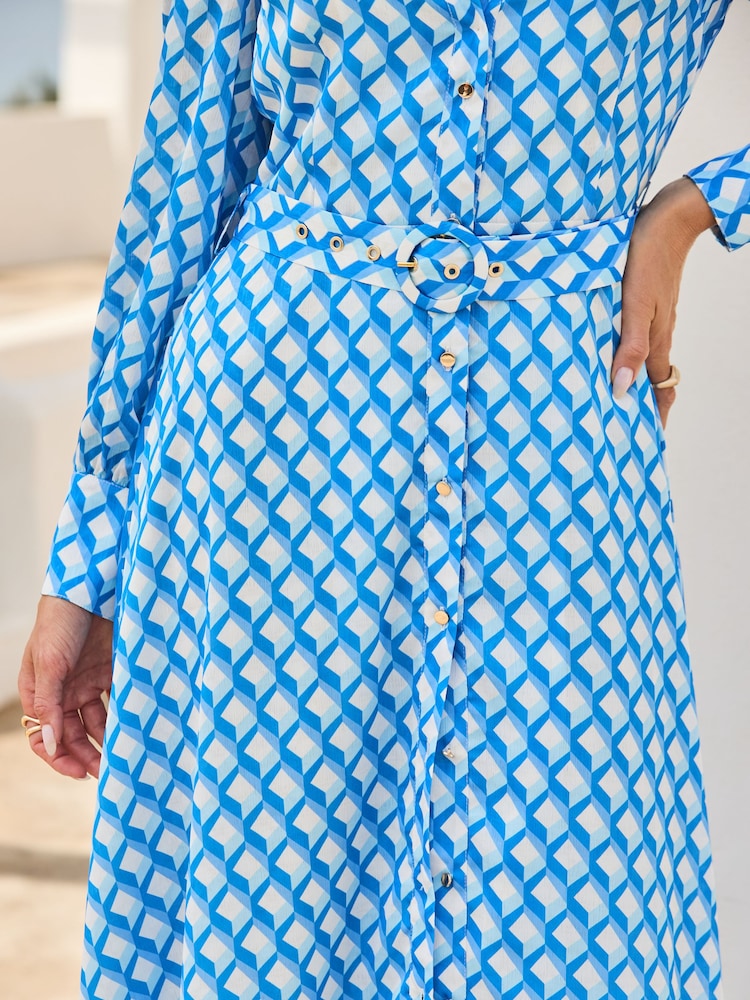 Sosandar Blue Geometric Print Belted Jacquard Shirt Dress - Image 5 of 5 Sosandar Blue Geometric Print Belted Jacquard Shirt Dress - Image 5 of 5