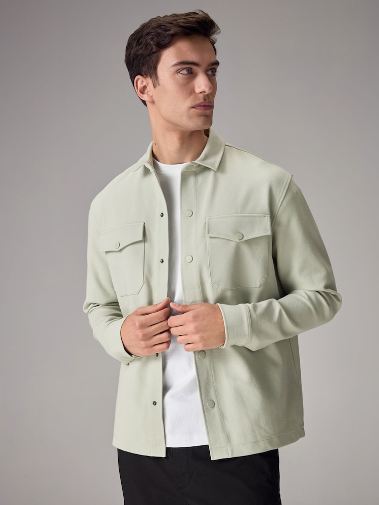 Sage Green Regular Fit Premium Texture Jersey Shacket - Image 1 of 7