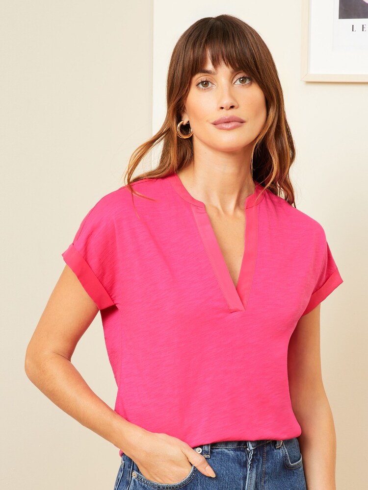 Love & Roses Bright pink Jersey V Neck Woven Trim Short Sleeve T-Shirt - Image 1 of 4
