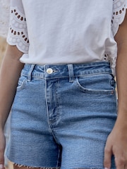 Mid Blue Super Soft Raw Hem Denim Shorts - Image 3 of 6