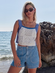 Mid Blue 100% Cotton Cargo Utility Lightweight Denim Shorts - Image 1 of 6