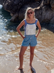 Mid Blue 100% Cotton Cargo Utility Lightweight Denim Shorts - Image 2 of 6