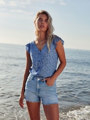 Light Wash Super Soft Raw Hem Denim Shorts - Image 1 of 6