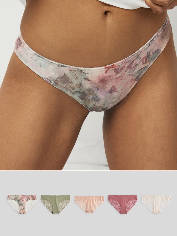 Creme/Pink geblümt/Pink mit Rosen/Salbeigrün - Nahtlose Brazilian-Spitzenslips im 5er-Pack - Bild 1 von 11