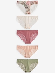 Creme/Pink geblümt/Pink mit Rosen/Salbeigrün - Nahtlose Brazilian-Spitzenslips im 5er-Pack - Bild 5 von 11