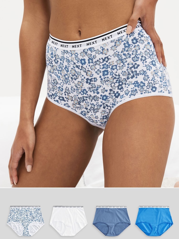 White/Light Blue Full Brief Cotton Rich Logo Knickers 4 Pack - Image 1 of 10