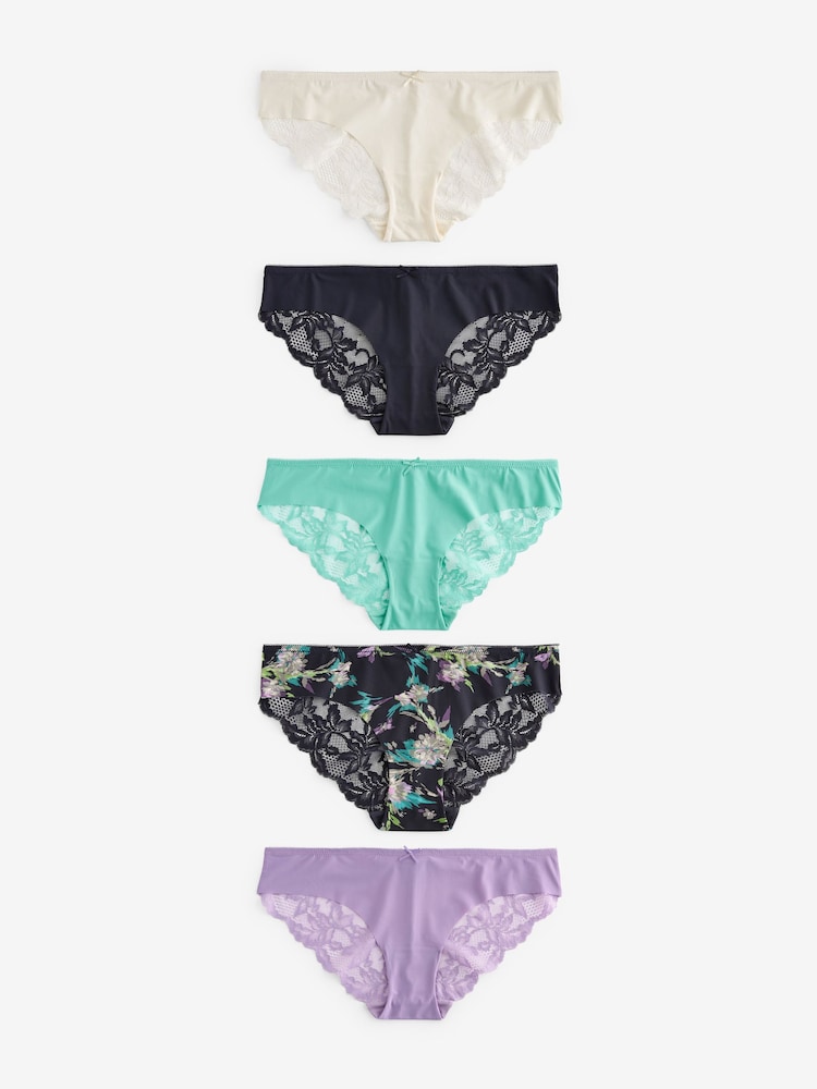 Navy Blau Floral bedruckt /Cream/Mauve Violett​​​​​​​ - Nahtlose Brazilian-Spitzenslips im 5er-Pack - Bild 6 von 6