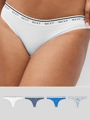 White/Light Blue Thong Cotton Rich Logo Knickers 4 Pack - Image 1 of 9