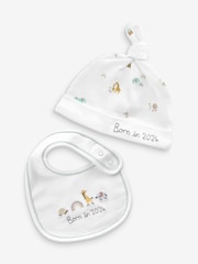 White Born In 2024 100% Cotton Bib And Hat 2 Piece Set (0-12mths) - Image 1 of 4