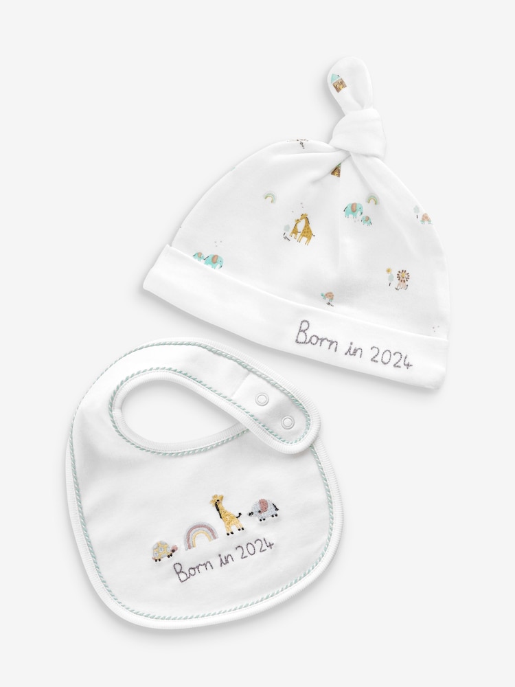 White Born In 2024 100% Cotton Bib And Hat 2 Piece Set (0-12mths) - Image 1 of 4