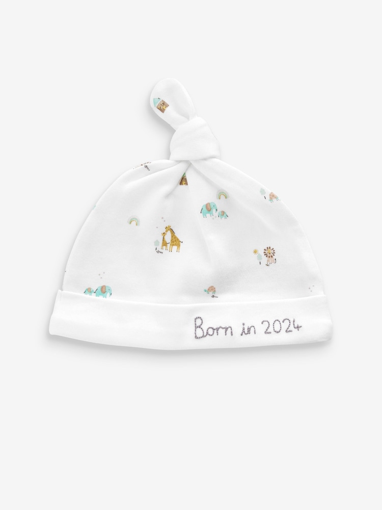 White Born In 2024 100% Cotton Bib And Hat 2 Piece Set (0-12mths) - Image 2 of 4